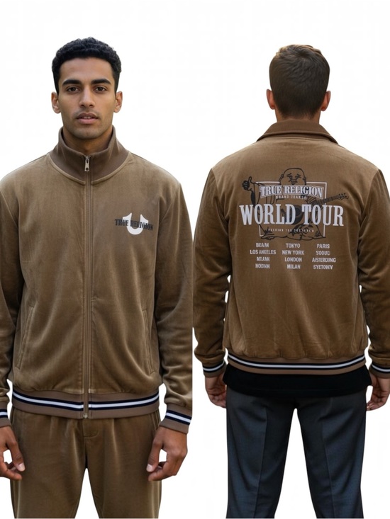 True Religion Other - TRUE RELIGION Velour Tour Track Jacket World Tour Travertine Sz M